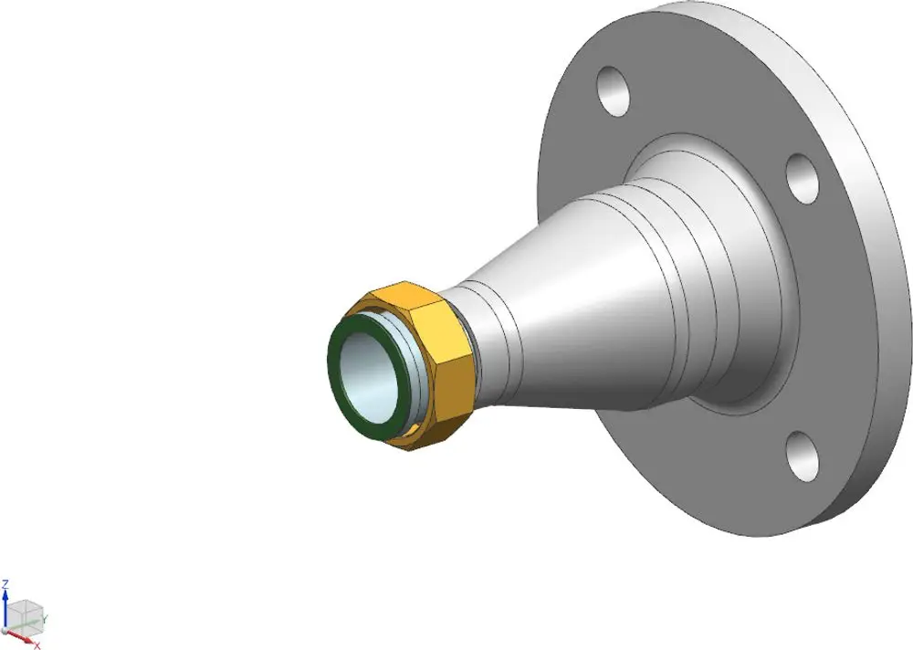 Bosch Pumpenanschluss mit konischer Form und Flansch, versehen mit einer Schraubmutter. Ideal für Installationen in verschiedenen Anwendungen.